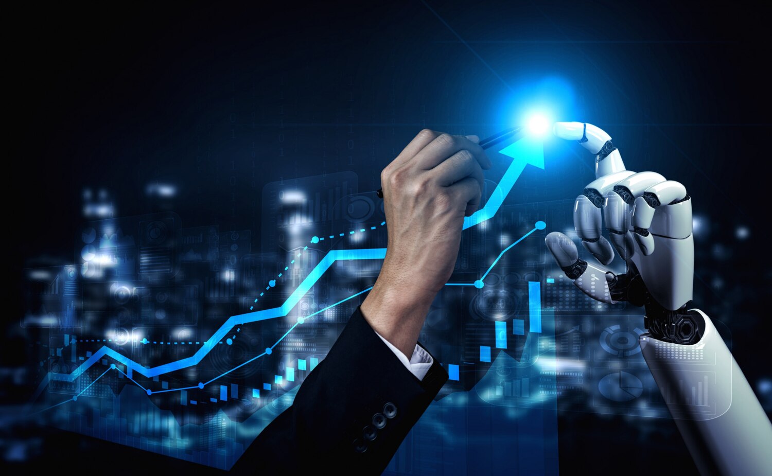 Emberi és robotkéz együtt rajzol egy felfelé ívelő kék grafikont, ami a mesterséges intelligencia megtérülését szimbolizálja egy sötét, futurisztikus városi háttér előtt.