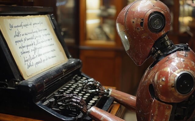 Rozsdás, régi stílusú robot írógépen gépel egy kézzel írt szöveget tartalmazó papírra, ami az AI szövegírás hangnem beállítását szimbolizálja.
