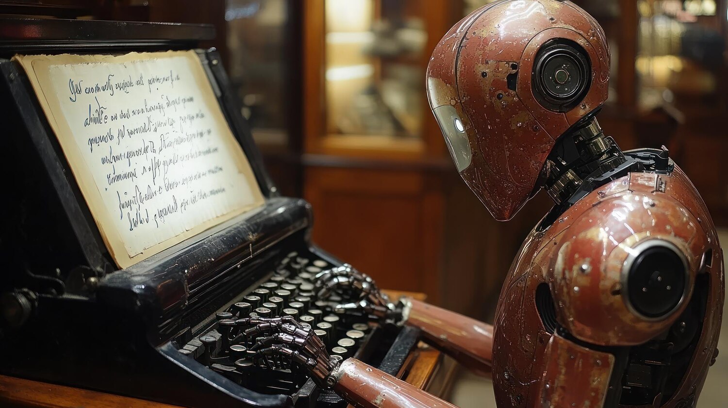 Rozsdás, régi stílusú robot írógépen gépel egy kézzel írt szöveget tartalmazó papírra, ami az AI szövegírás hangnem beállítását szimbolizálja.