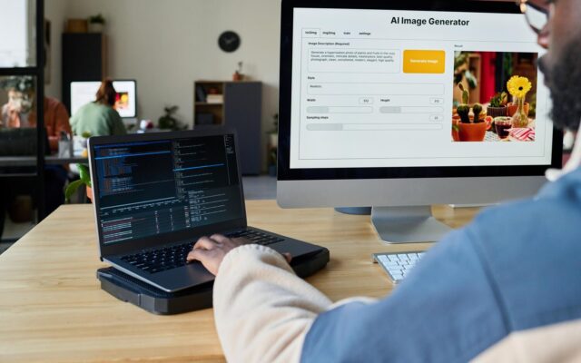 Férfi programozó laptopon dolgozik, miközben egy AI képgenerátor felületét nézi egy monitoron az irodában.