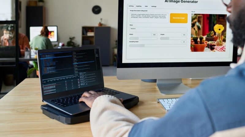 Férfi programozó laptopon dolgozik, miközben egy AI képgenerátor felületét nézi egy monitoron az irodában.