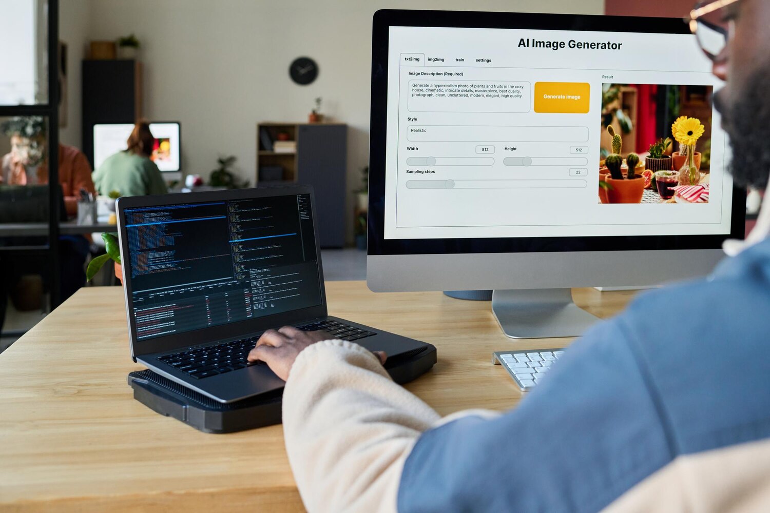 Férfi programozó laptopon dolgozik, miközben egy AI képgenerátor felületét nézi egy monitoron az irodában.
