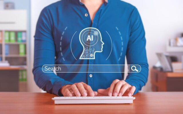 Férfi gépel billentyűzeten, felette mesterséges intelligencia (AI) ikon és keresőmező. SEO és AI témájú illusztráció.