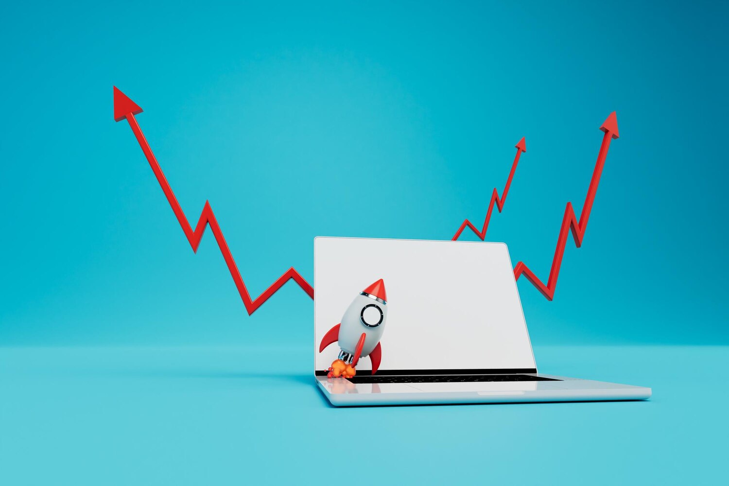 Egy laptop képernyőjén egy felszálló rakéta látható, mögötte piros, felfelé ívelő nyíl alakú grafikon. Kék háttér. SEO és rangsorolás növekedés.