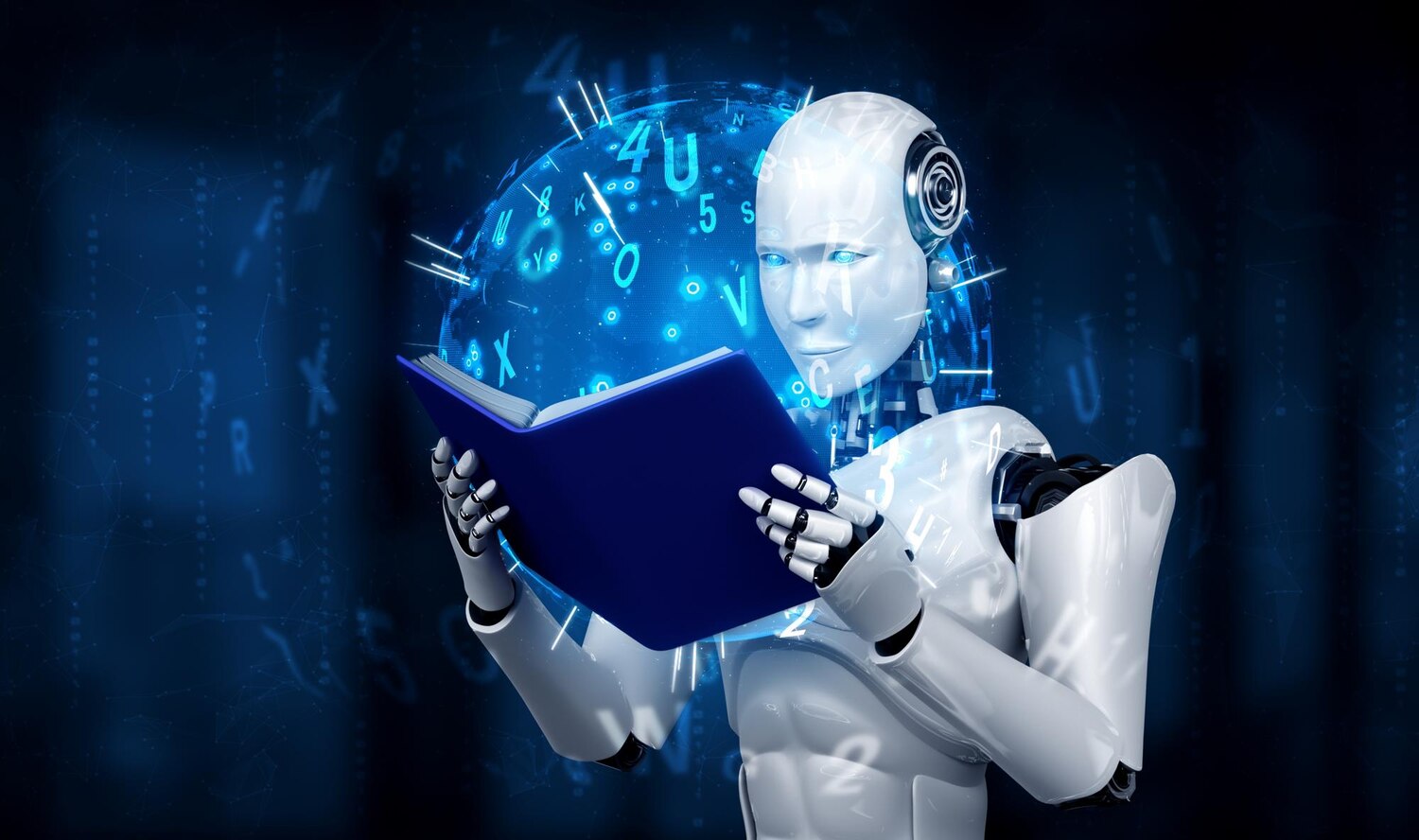 Fehér robot olvas egy kék könyvet, háttérben digitális adatok és betűk lebegnek, ami a mesterséges intelligencia tanulását és adatfeldolgozását szimbolizálja.