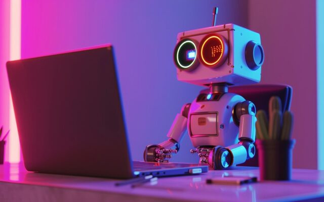 Fehér robot ül egy laptop előtt egy íróasztalnál, neonfényű megvilágításban.