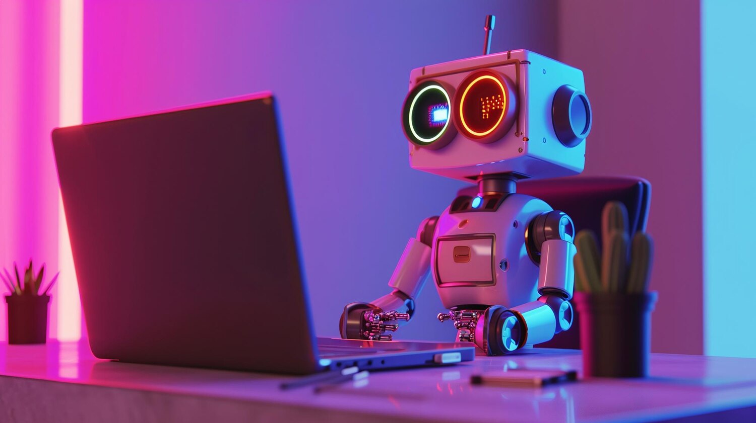 Fehér robot ül egy laptop előtt egy íróasztalnál, neonfényű megvilágításban.