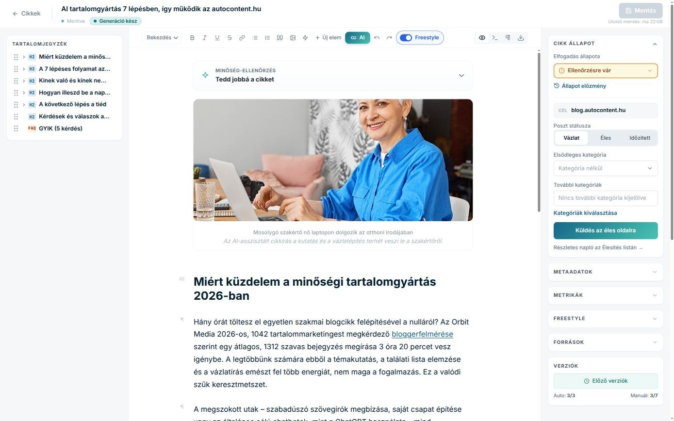 Az autocontent.hu cikkszerkesztője: balra a tartalomjegyzék, középen a szerkeszthető cikk, jobbra az állapot, a kiküldés és a korábbi verziók