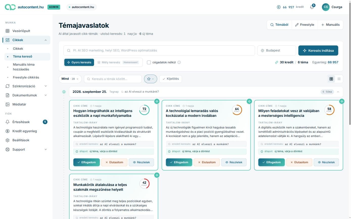 Az autocontent.hu felületének témajavaslatok nézete AI által generált cikkötletekkel és pontszámokkal.