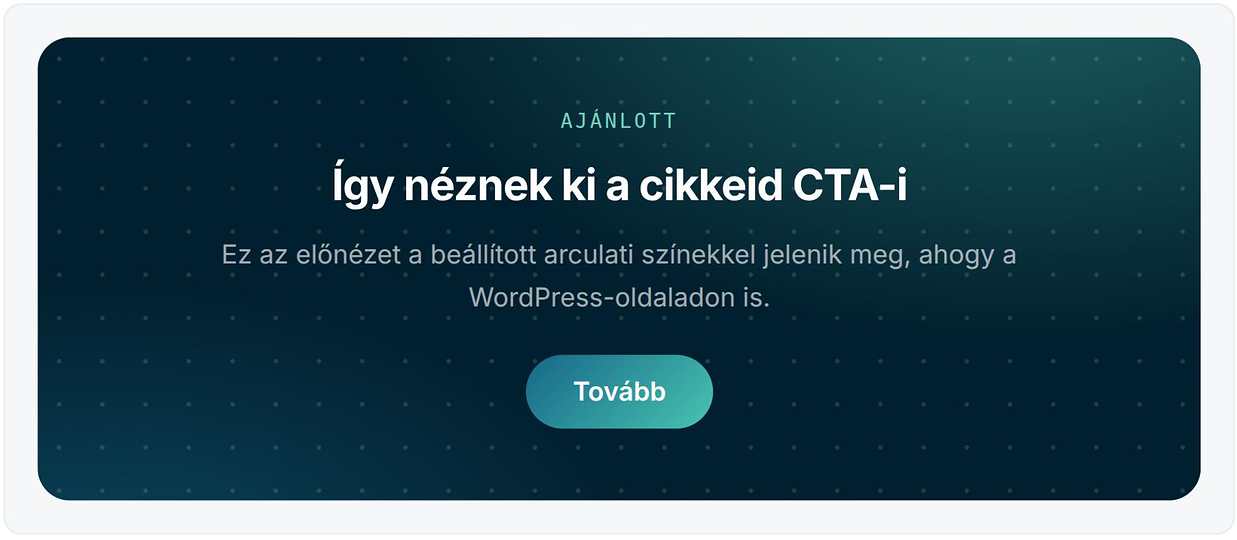 Az Arculat oldal CTA-előnézete a beállított márkaszínekkel: sötét banner, felcím, cím, leírás és gomb