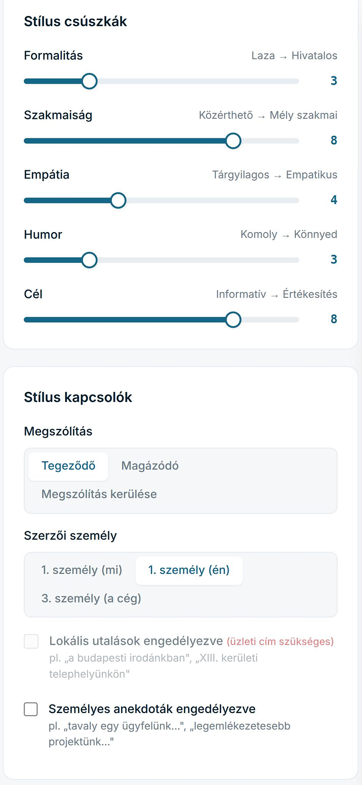 A Perszóna oldal stílus csúszkái és kapcsolói: formalitás, szakmaiság, empátia, humor, cél, megszólítás, szerzői személy, lokális utalások és anekdoták