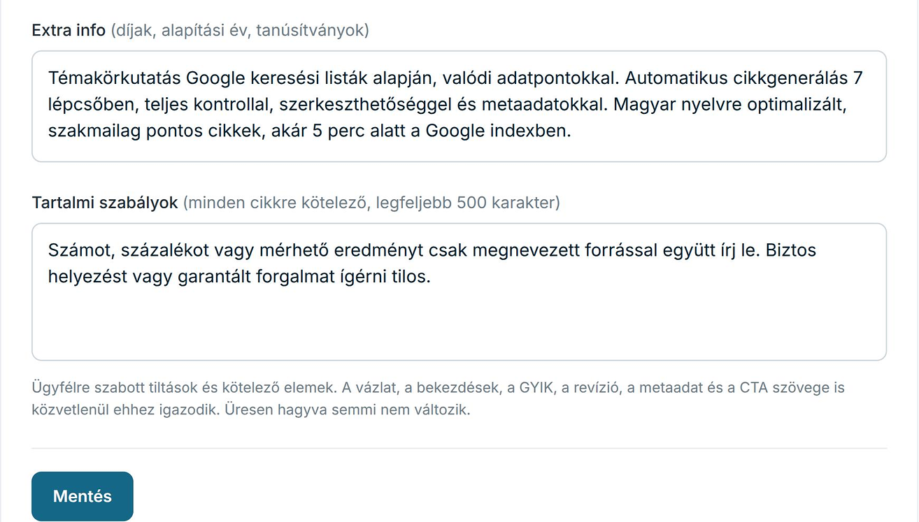 A Brand oldal Tartalmi szabályok mezője egy példaszabállyal, alatta a magyarázat és a Mentés gomb