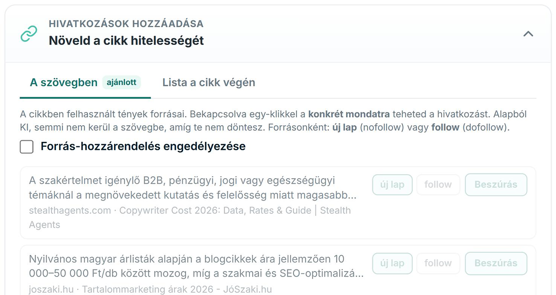 A szerkesztő Hivatkozások hozzáadása panelje: A szövegben és Lista a cikk végén mód, forrás-hozzárendelés kapcsoló, tényenként forrás, új lap vagy follow és Beszúrás gomb