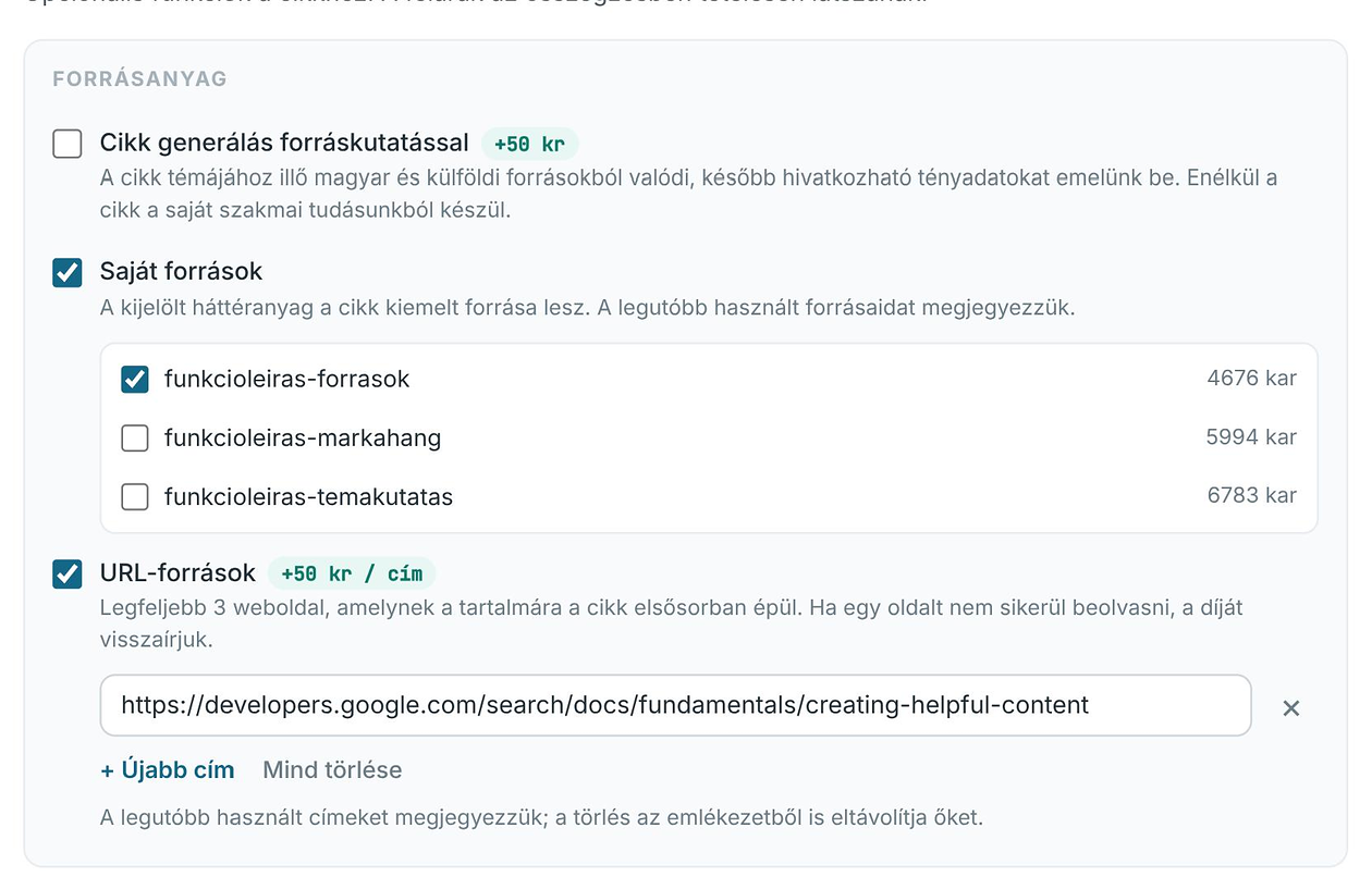 A generálás varázslójának Forrásanyag blokkja: forráskutatás, saját források a kijelölt funkcióleírással és URL-források egy megadott webcímmel