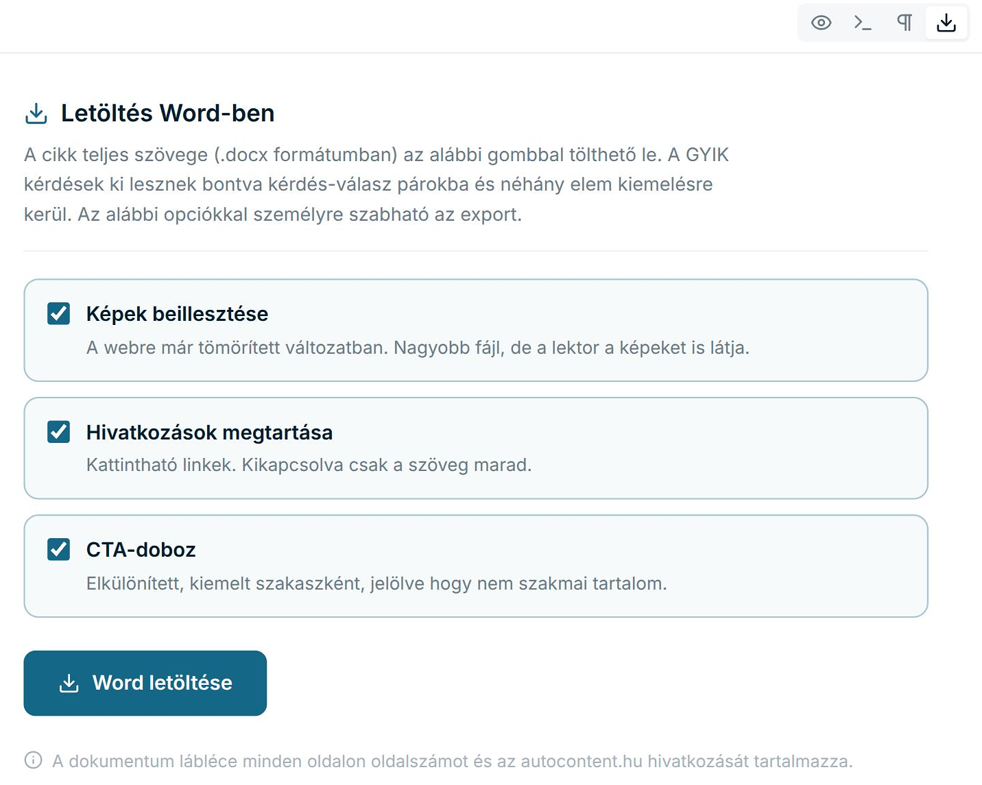 Letöltés Word-ben fül a képek, a hivatkozások és a CTA-doboz kapcsolóival