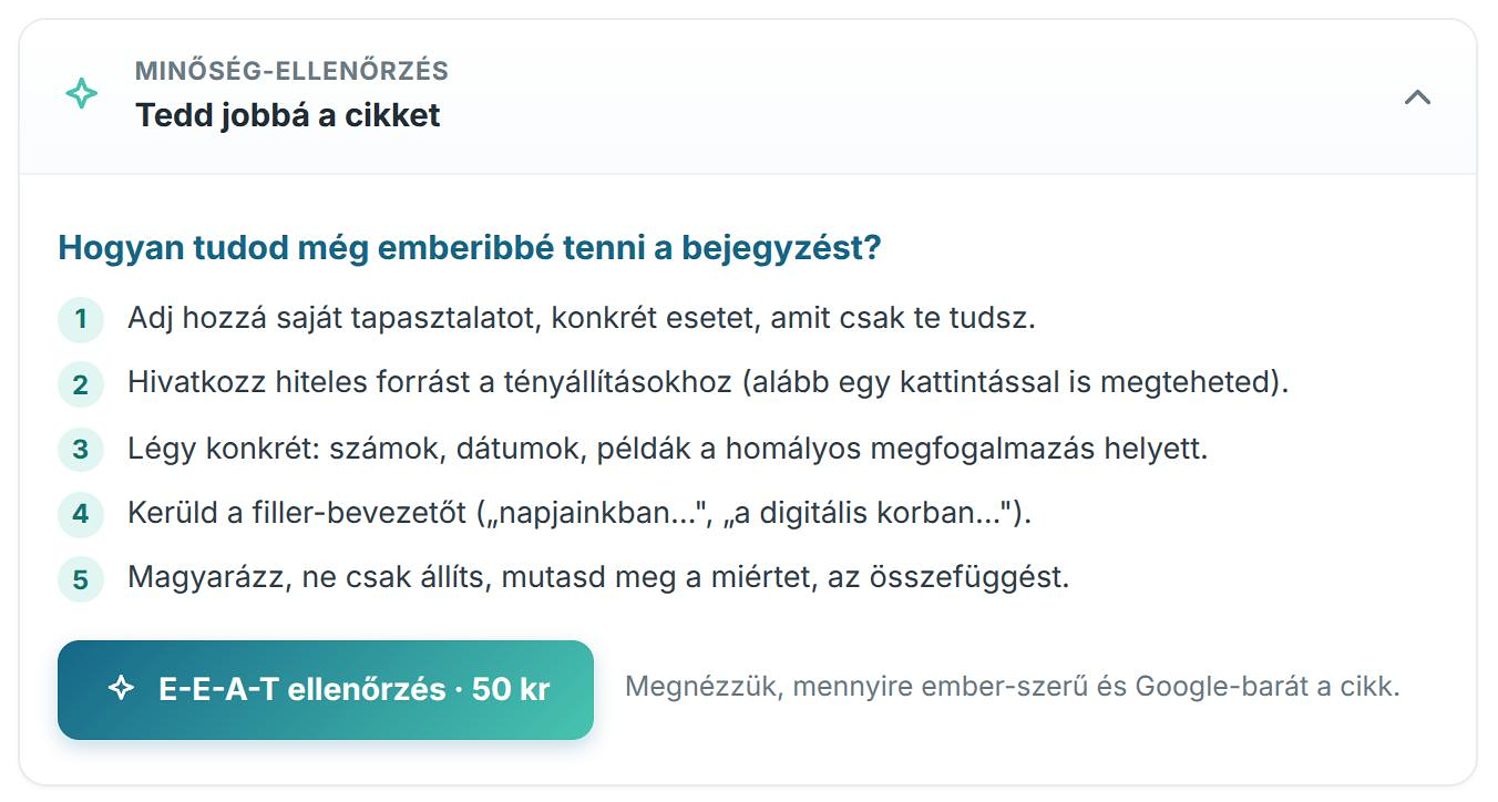 Minőség-ellenőrzés panel öt tippel és az E-E-A-T ellenőrzés gombjával