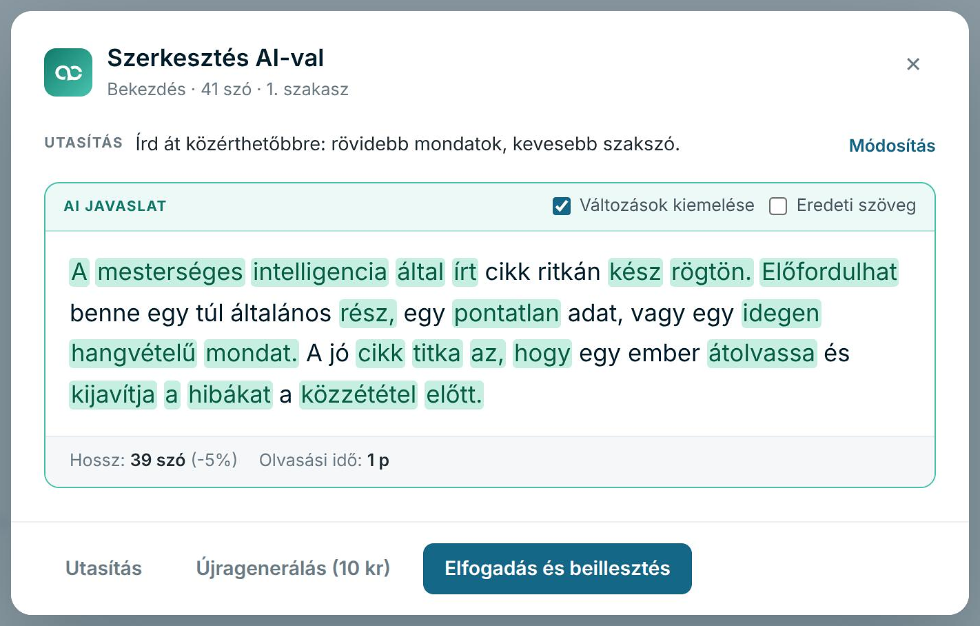 Szerkesztés AI-val ablak a Közérthetőbben átalakítás javaslatával, kiemelt változásokkal