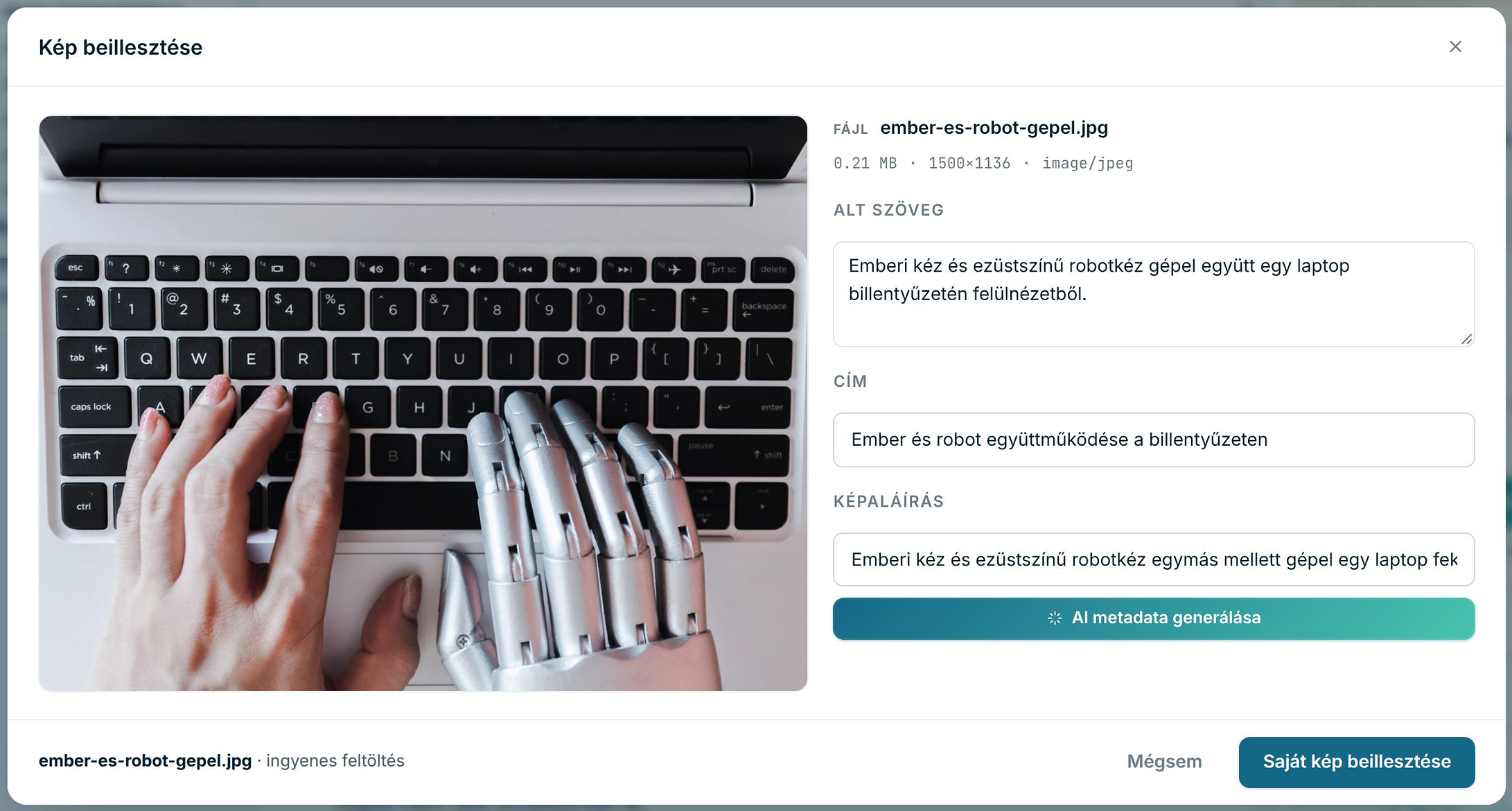 Egy saját fotó feltöltés után a képválasztóban: az AI-val kitöltött alt-szöveg, cím és képaláírás, alatta az AI metadata generálása gomb