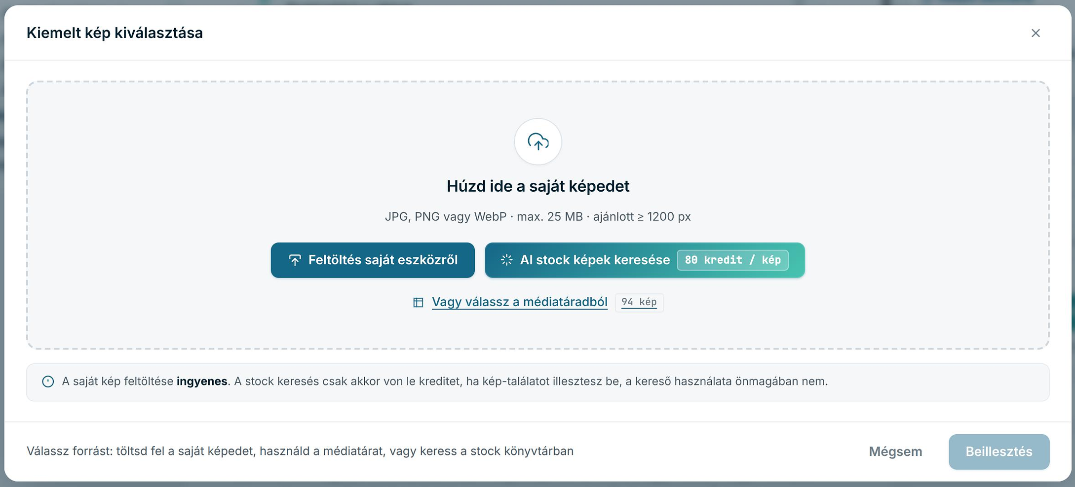 A képválasztó forrásválasztó nézete: behúzásos feltöltés, Feltöltés saját eszközről, AI stock képek keresése és választás a médiatárból