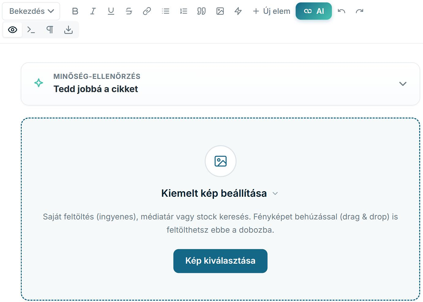 A szerkesztő eszköztára a kép gombbal, alatta a Kiemelt kép beállítása doboz a Kép kiválasztása gombbal