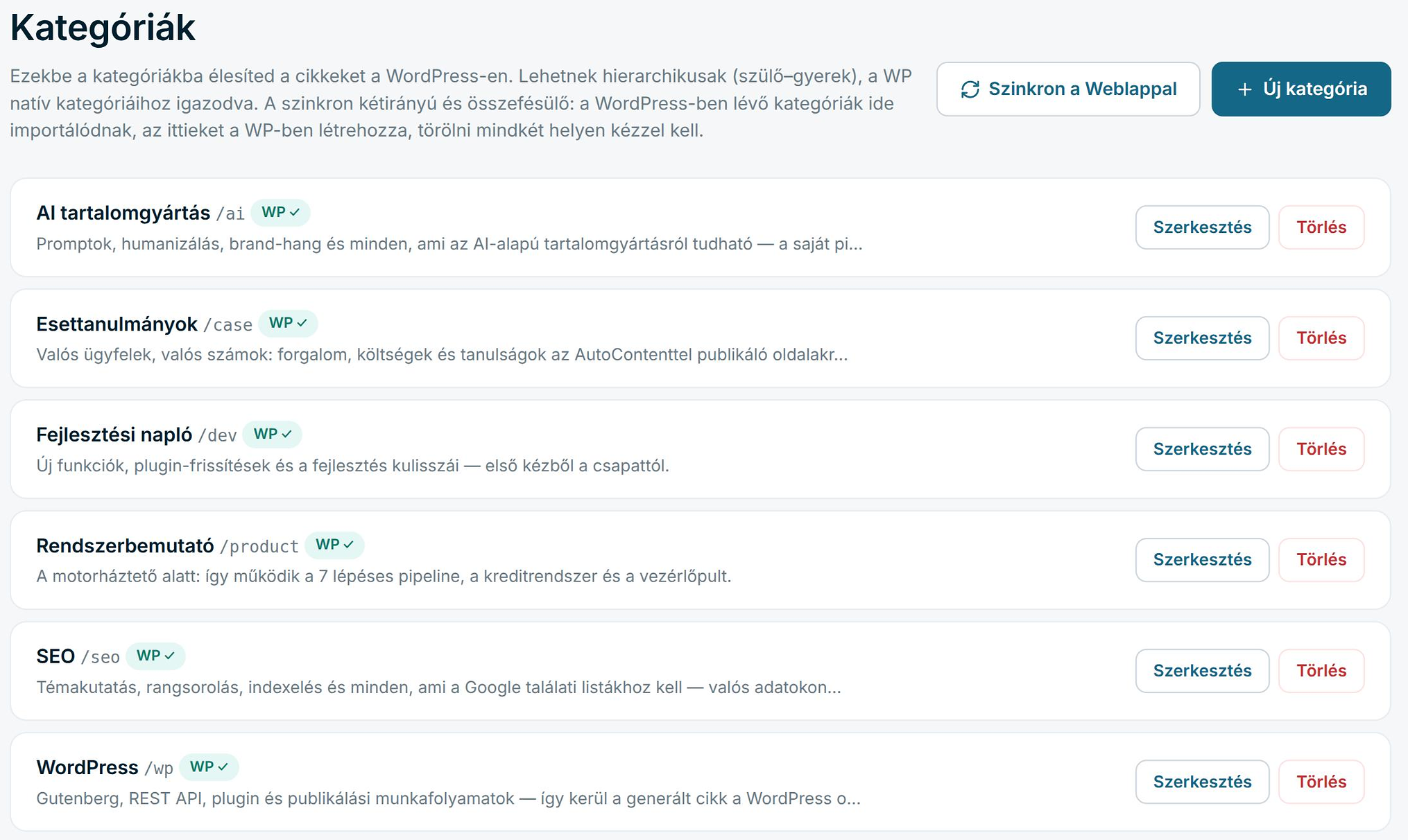 A Kategóriák oldal hat, a WordPress-szel szinkronban lévő kategóriával, a Szinkron a Weblappal és az Új kategória gombbal